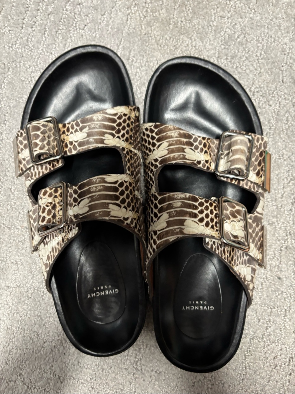 Givenchy Brown, cream leather & Black Snake-Print Double Buckle Slides